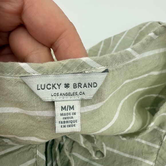 Lucky Brand Top Women Medium Green Beige Long Sleeve Stripes Tie Front Keyhole - Picture 6 of 10